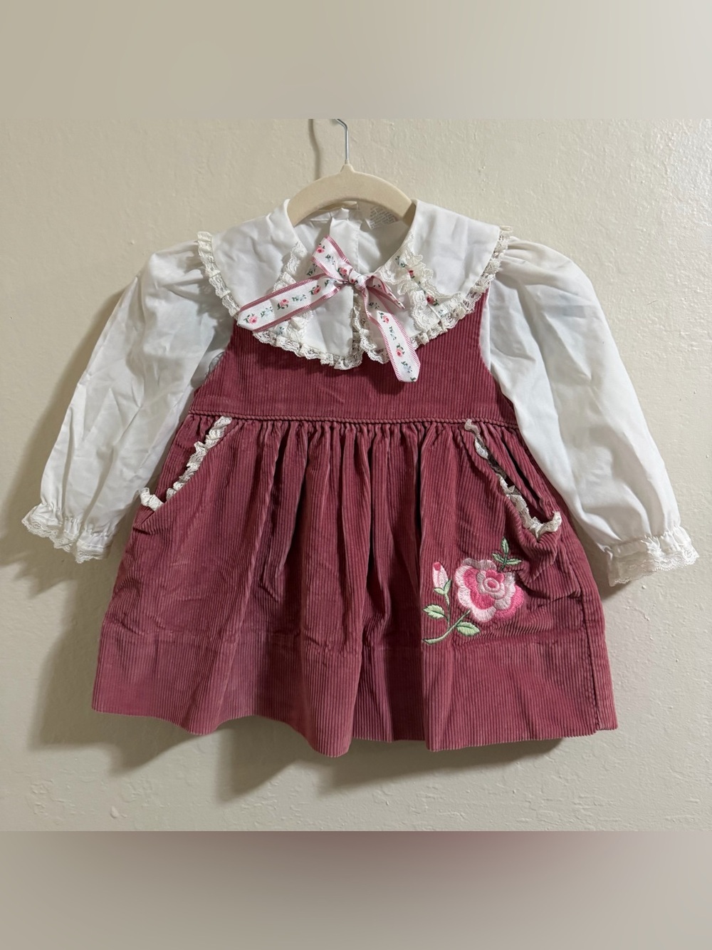 Vintage Toddler Girl 2-Piece Set Rose Pink Corduroy Pinafore & Lace Blouse  3T